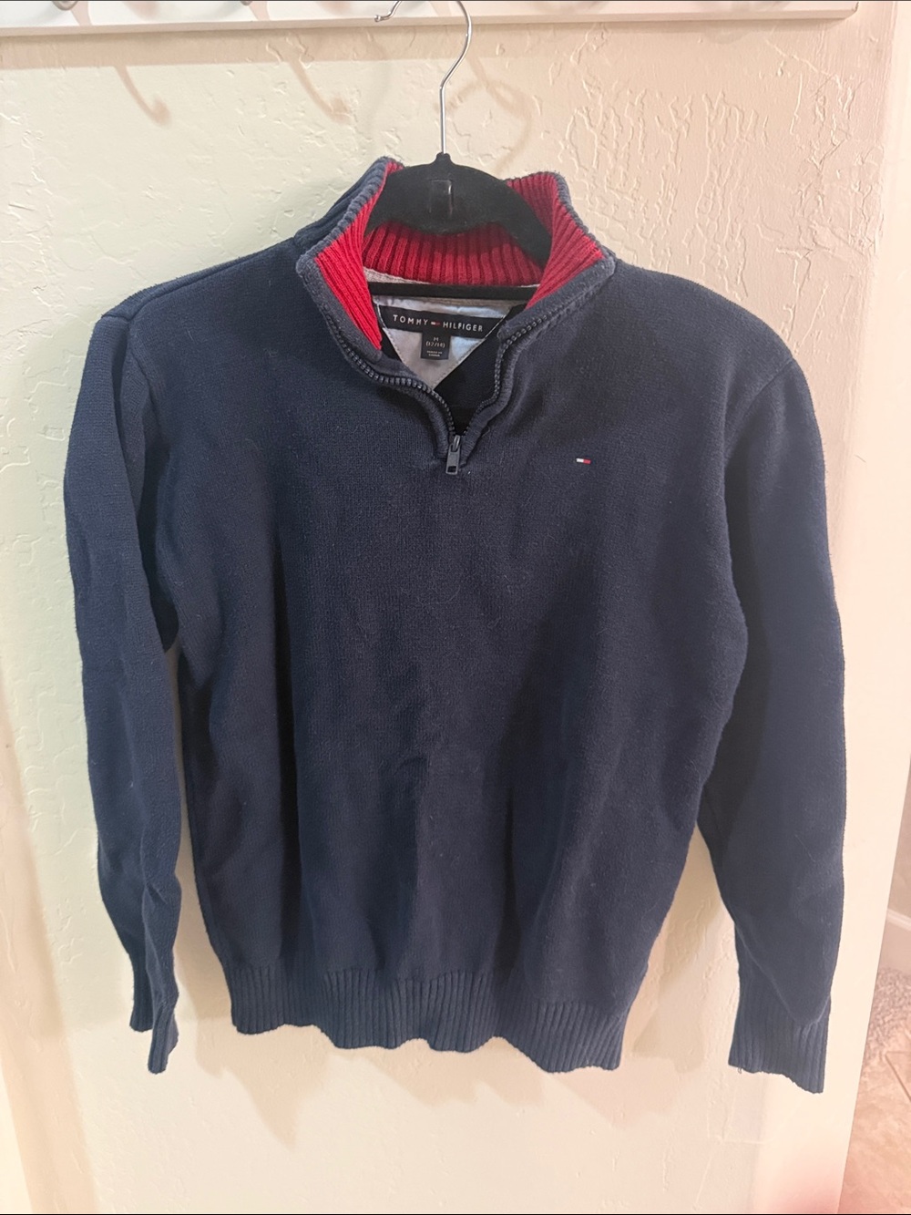 Tommy Hilfiger Boy’s Navy Quarter-Zip Sweater with Red Collar Accentuu